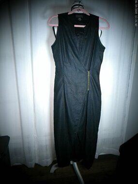 FINITY NWOT Sleeveless Cross-Over Zip Close 100% Linen Lined Black Midi Dress M